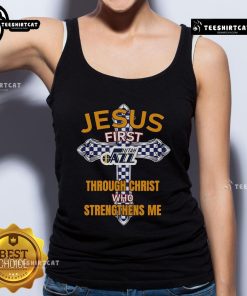 Official Utah Jazz tank top featuring 'Jesus First' and 'Through Christ Who Strengthens Me' text design.