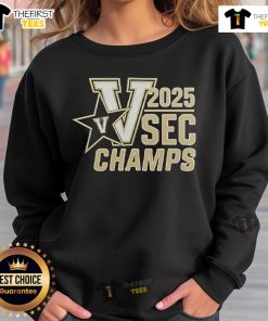 Vanderbilt Baseball 2025 SEC Champions sweatshirt featuring team logo and commemorative design in black and gold.