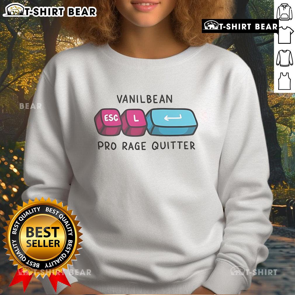 Official Vanilbean Pro Rage Quitter Esc Sweatshirt Alt Text: Official Vanilbean Pro Rage Quitter Esc Sweatshirt in black with bold graphic design for gamers and enthusiasts.