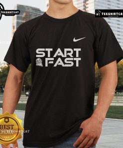 Official Virginia Tech Start Fast T-Shirt in orange and maroon, showcasing school spirit and athletic pride.