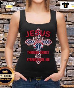 Official Washington Wizards tank top featuring 'Jesus First Through Christ Who Strengthens Me' design.