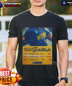Alt Text: Official West Virginia Mountaineers vs LSU NCAA Super Regionals schedule t-shirt featuring team logos and game dates.