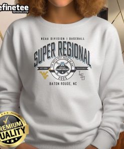 Official West Virginia Mountaineers vs LSU Tigers NCAA D1 Baseball Super Regional 2025 sweatshirt in team colors.