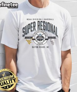 Alt Text: Official West Virginia Mountaineers vs LSU Tigers NCAA D1 Baseball Super Regional 2025 T-shirt design featuring team logos.
