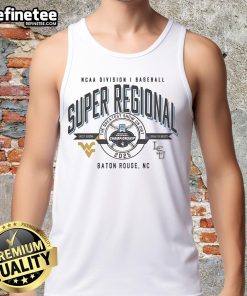 Official West Virginia Mountaineers vs LSU Tigers NCAA D1 Baseball Super Regional 2025 tank top featuring team logos.