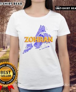 Official Zohran Mamdani map graphic featured on NYC ladies tee, showcasing vibrant design and urban style.