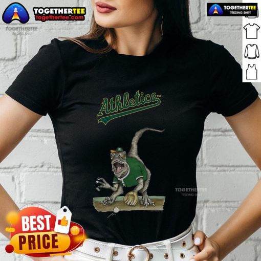 Alt Text: Original Athletics Tiny Turnip Velociraptor Ladies Tee featuring a vibrant dinosaur graphic on a stylish shirt.