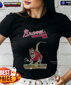 Alt Text: Original Atlanta Braves Tiny Turnip Velociraptor ladies tee featuring a fun dinosaur design for baseball fans.