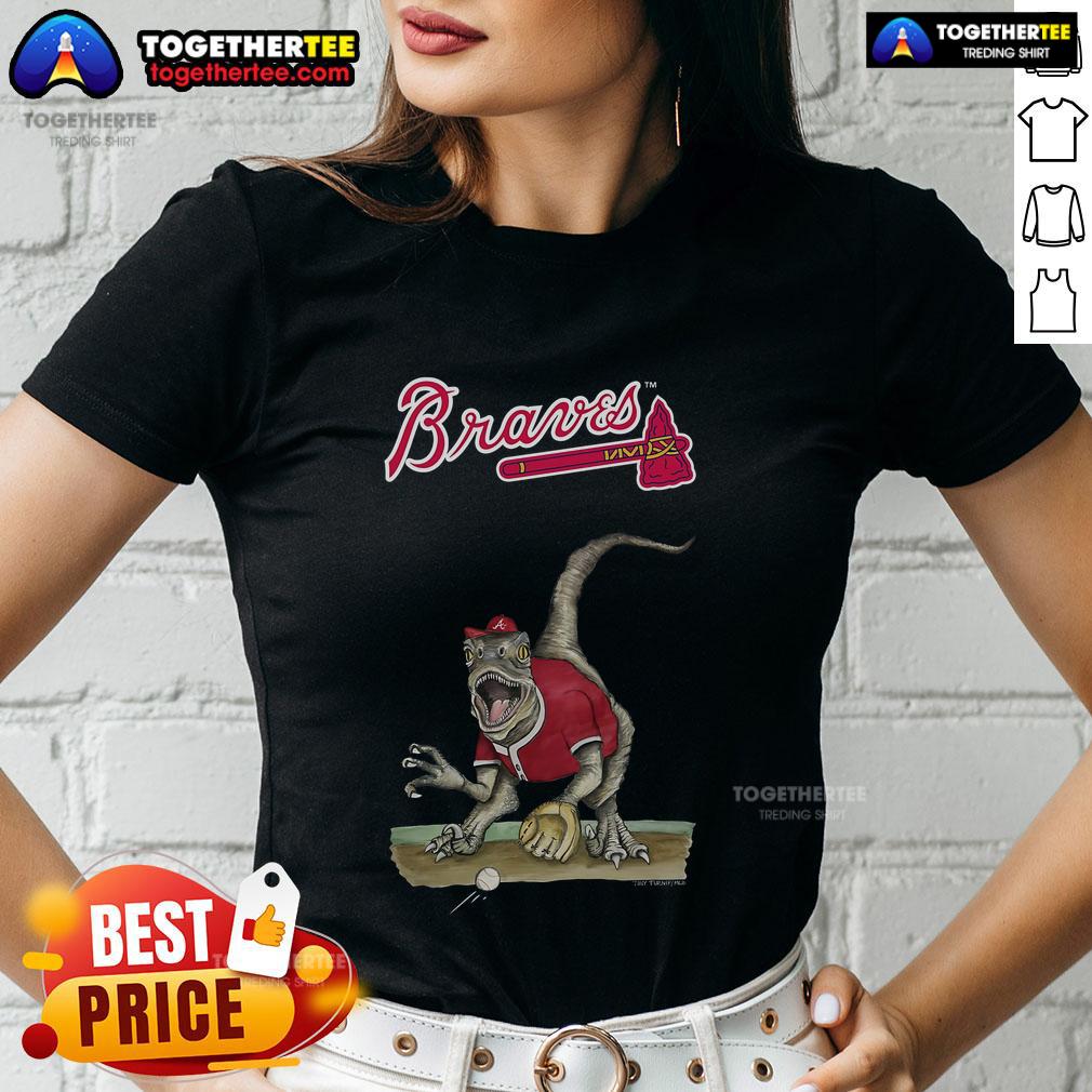 Original Atlanta Braves Tiny Turnip Velociraptor Ladies Tee Alt Text: Original Atlanta Braves Tiny Turnip Velociraptor ladies tee featuring a fun dinosaur design for baseball fans.