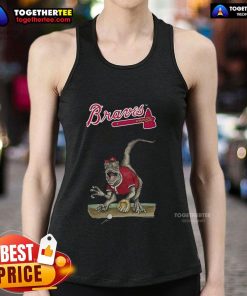 Alt Text: Original Atlanta Braves Tiny Turnip Velociraptor Tank Top featuring a playful dinosaur design and team colors.