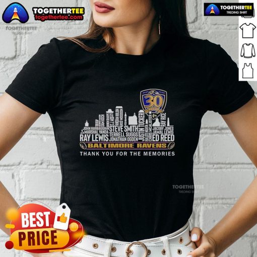 Original Baltimore Ravens 30 Seasons Thank You For The Memories Ladies Tee in purple with team logo and commemorative design.