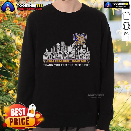 Alt Text: Original Baltimore Ravens 30 Seasons Thank You For The Memories Sweatshirt featuring team colors and logo.