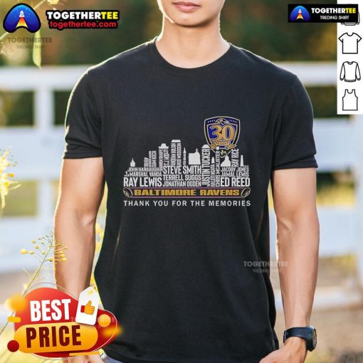 Alt Text: Original Baltimore Ravens 30 Seasons Thank You For The Memories T-Shirt featuring team colors and logo design.
