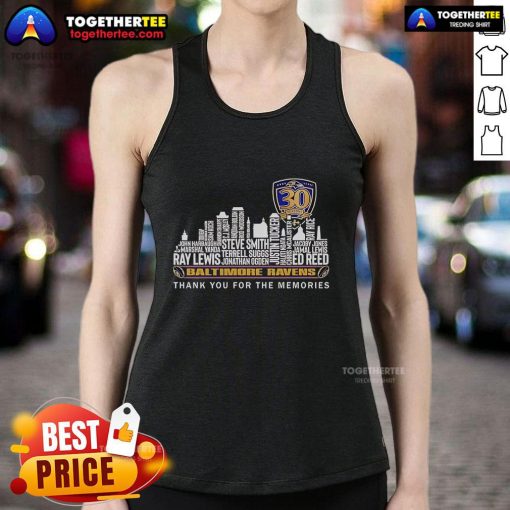 Alt Text: Original Baltimore Ravens 30 Seasons Thank You For The Memories tank top featuring team colors and logo design.