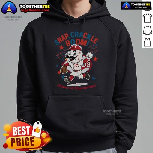 Alt Text: Cincinnati Reds Snap Crackle Boom hoodie celebrating Independence Day, featuring vibrant team colors and champion logo.