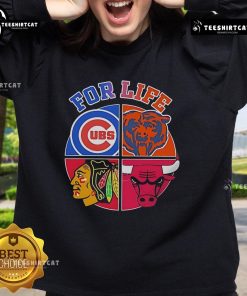 Original For Life Chicago Cubs Bears Blackhawks Bulls logos sweatshirt showcasing vibrant team graphics.