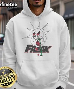 Original Freak The World Ted1 Rose Hoodie displayed on a hanger, showcasing vibrant design and cozy fabric.