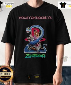 Alt Text: Original Houston Rockets Zootopia 2 T-Shirt featuring vibrant graphics and a unique design for fans and collectors.