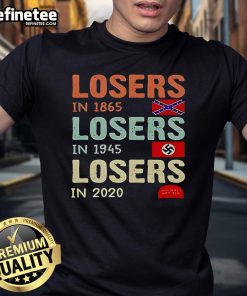 Original Losers In 1865, 1945, 2020 Satire T-Shirt showcasing humorous historical references and clever design.