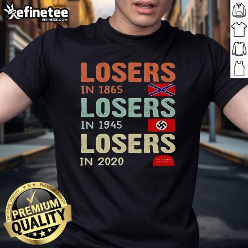 Original Losers In 1865, 1945, 2020 Satire T-Shirt showcasing humorous historical references and clever design.