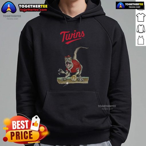 Original Minnesota Twins Tiny Turnip Velociraptor Hoodie featuring a playful dinosaur design for fans and kids.