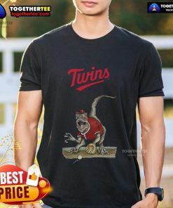 Original Minnesota Twins Tiny Turnip Velociraptor T-Shirt featuring a fun dinosaur design for baseball fans.