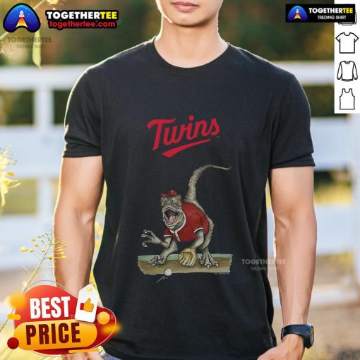 Original Minnesota Twins Tiny Turnip Velociraptor T-Shirt featuring a fun dinosaur design for baseball fans.
