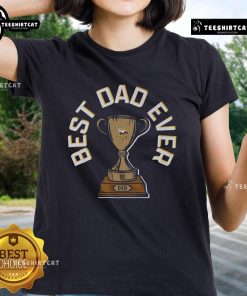 Original Minnesota Vikings Best Dad Ever Trophy Ladies Tee featuring team colors and fun trophy design.