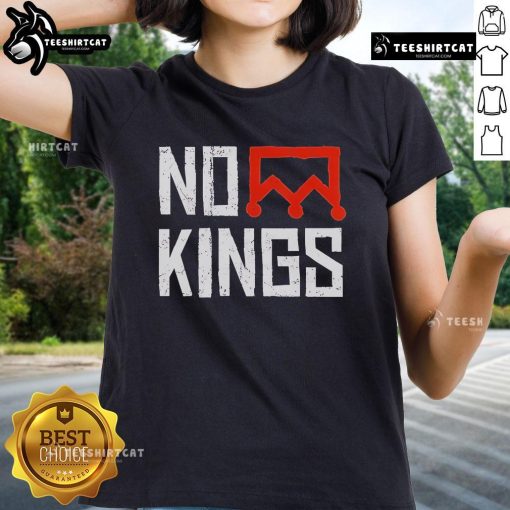 Alt Text: Original No Kings Protest vertical sign on a simple bold crown ladies tee, promoting empowerment and equality.