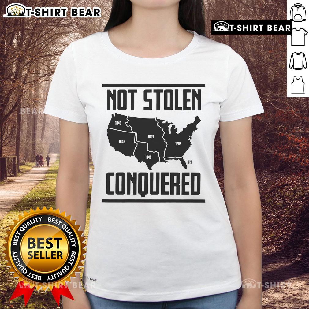 Original Not Stolen Conquered America Map Ladies Tee Original Not Stolen Conquered America Map Ladies Tee featuring a vintage-style map design and vibrant colors.