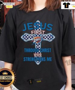 Original Oklahoma City Thunder Jesus Tee for ladies with 'I Can Do All Things Through Christ' design.