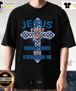 Original Oklahoma City Thunder Jesus T-Shirt featuring 'I Can Do All Things Through Christ' design, perfect for fans.