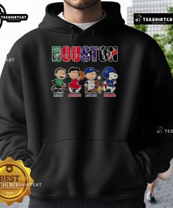 Original Peanuts hoodie featuring Houston Aeros, Rockets, Astros, and Texans logos in vibrant colors.