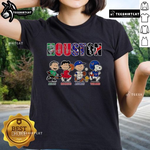 Original Peanuts Ladies Tee featuring Houston Aeros, Rockets, Astros, and Texans logos for sports fans.