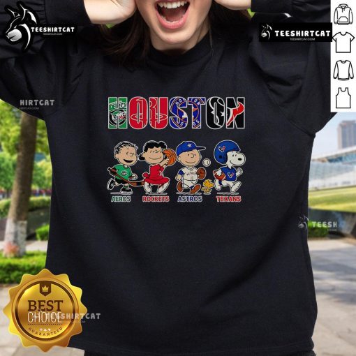 Alt Text: Original Peanuts Houston Aeros Rockets Astros Texans sweatshirt featuring vibrant team logos and cozy design.