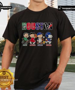 Original Peanuts Houston Aeros Rockets Astros Texans T-Shirt featuring iconic characters in vibrant colors.