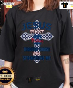 Alt Text: Ladies' tee featuring Jesus First and Philippians 4:13 design for Philadelphia Phillies fans. Perfect for game day!