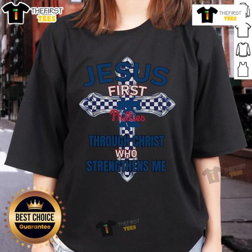 Alt Text: Ladies' tee featuring Jesus First and Philippians 4:13 design for Philadelphia Phillies fans. Perfect for game day!