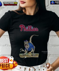 Original Philadelphia Phillies Tiny Turnip Velociraptor Ladies Tee featuring a fun dinosaur graphic and team colors.