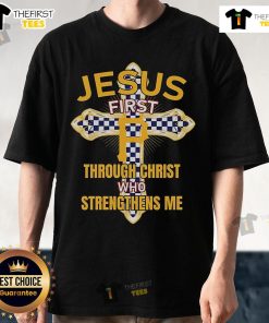 Original Pittsburgh Pirates Jesus T-Shirt featuring 'First Through Christ Who Strengthens Me' design, perfect for fans.