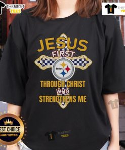 Original Pittsburgh Steelers Jesus Tee for ladies featuring 'I can do all things through Christ who strengthens me' design.