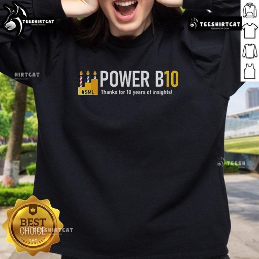 Original Power B10 sweatshirt celebrating 10 years of insights, featuring bold text and stylish design.