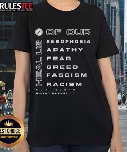 Original Silent Planet 'Heal Us' charity tee for women addressing xenophobia, apathy, fear, greed, fascism, and racism.