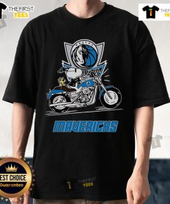 Original Snoopy and Woodstock driving a motorbike on a Dallas Mavericks T-shirt design, perfect for fans and collectors.