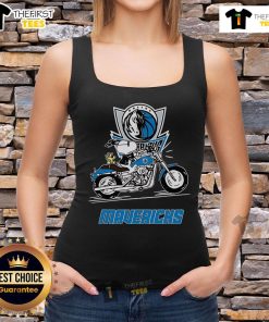 Original Snoopy and Woodstock driving a motorbike on a Dallas Mavericks tank top, vibrant and playful design.
