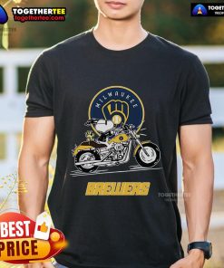 Original Snoopy and Woodstock on a motorbike graphic tee featuring Milwaukee Brewers logo, perfect for fans and collectors.