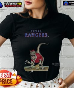 Alt Text: Original Texas Rangers Tiny Turnip Velociraptor Ladies Tee featuring a fun dinosaur graphic and vibrant colors.