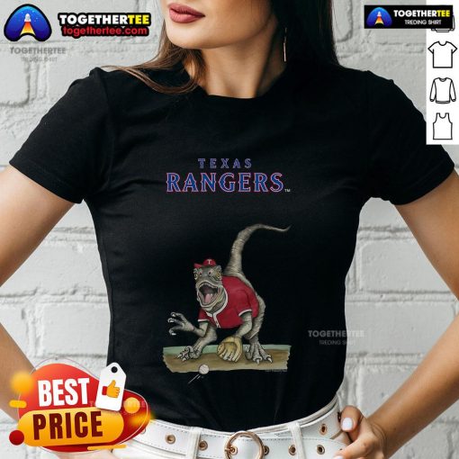 Alt Text: Original Texas Rangers Tiny Turnip Velociraptor Ladies Tee featuring a fun dinosaur graphic and vibrant colors.