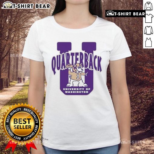 Original Washington Huskies quarterback U mascot ladies tee featuring team colors and logo for female fans.