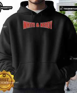 Alt Text: Weird Al Yankovic wearing a white hoodie with 'White & Nerdy' printed, showcasing his iconic comedic style.